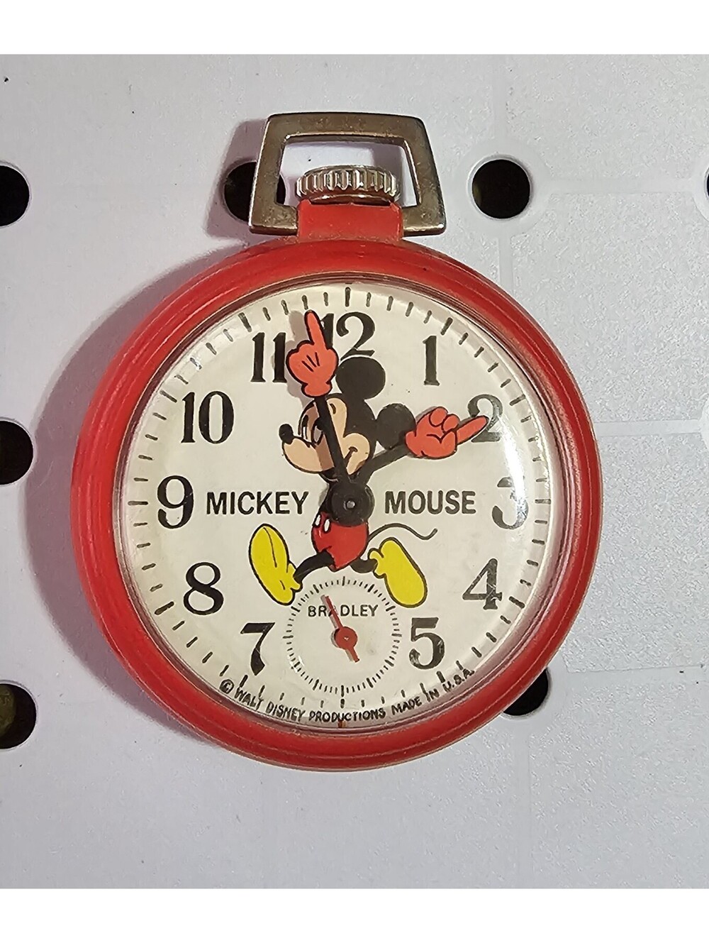 Vintage Bradley Red Mickey Mouse Pocket Watch 1970s Excellent Working USA